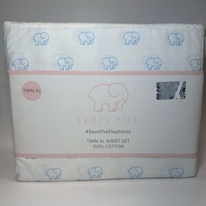 NIB Ivory Ella Twin XL 100% Cotton Save The Elephants Blue & White Bedroom Set